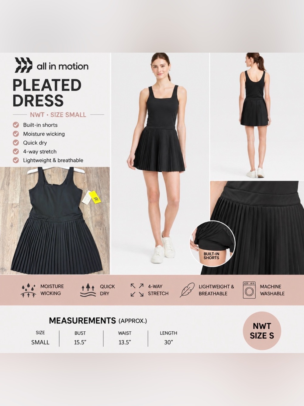 NWT All in Motion Women’s Pleated Active Dress with Built-In Shorts small
